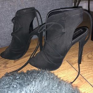 Black peep toe tie up booties